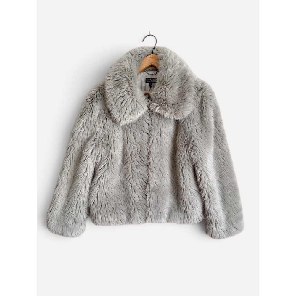 Topshop Faux Fur Jacket Grey Shag Cropped Coat US 6 Wide Collar Quilted Lining